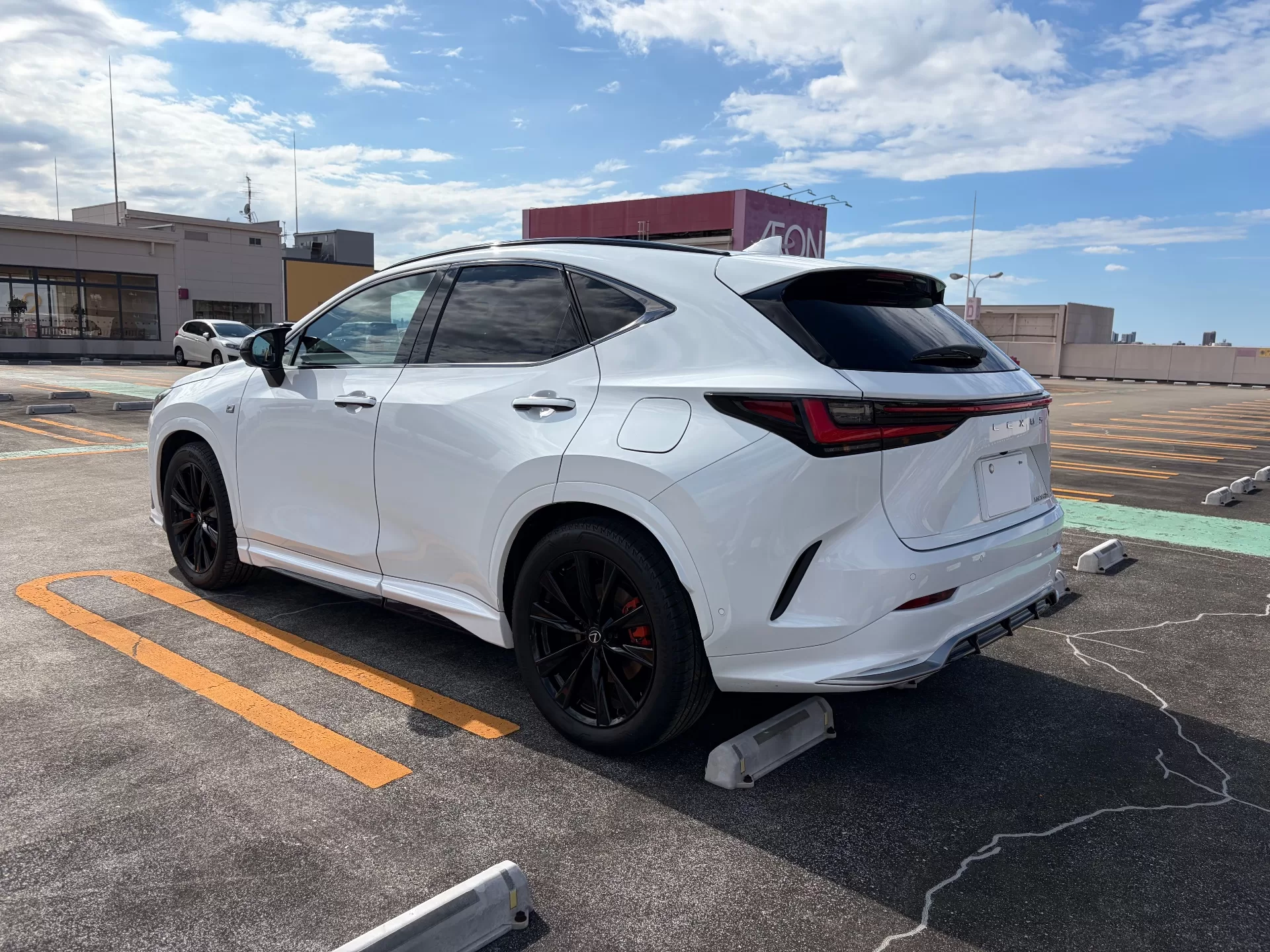 レクサス NX350h F SPORT 2024年式 ホワイトノーヴァガラスフレーク F SPORT PARTS エアロダイナミクスミラーカバー、F SPORT PARTS サイドスカート リヤ左斜め