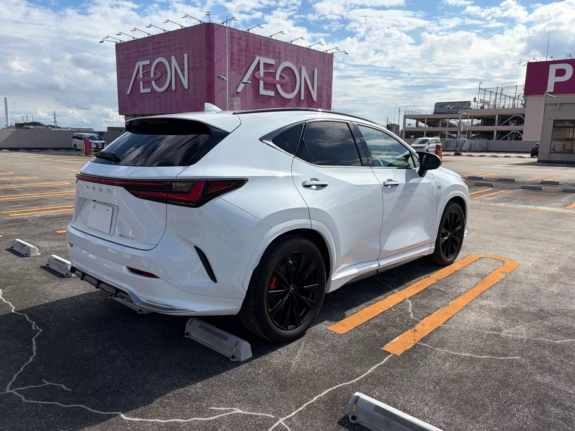 レクサス NX350h F SPORT 2024年式 ホワイトノーヴァガラスフレーク F SPORT PARTS エアロダイナミクスミラーカバー、F SPORT PARTS サイドスカート リヤ右斜め