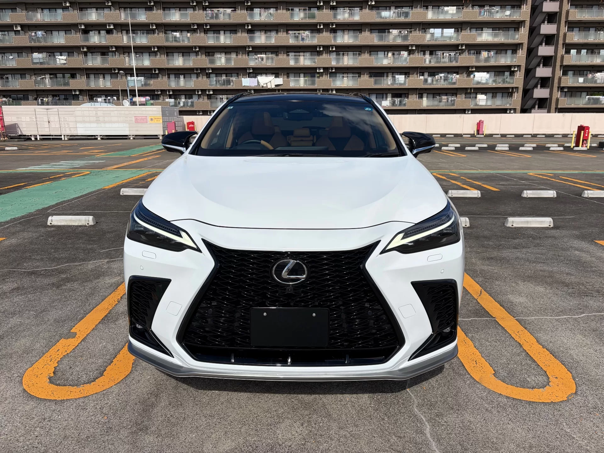 レクサス NX350h F SPORT 2024年式 ホワイトノーヴァガラスフレーク F SPORT PARTS エアロダイナミクスミラーカバー、F SPORT PARTS サイドスカート フロント