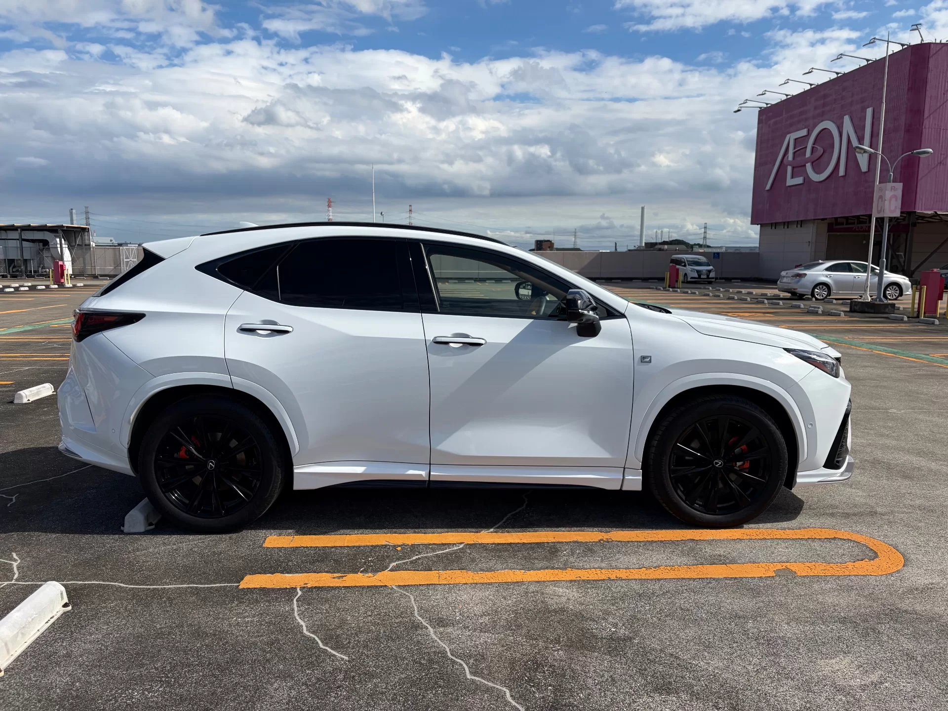 レクサス NX350h F SPORT 2024年式 ホワイトノーヴァガラスフレーク F SPORT PARTS エアロダイナミクスミラーカバー、F SPORT PARTS サイドスカート サイド(右)