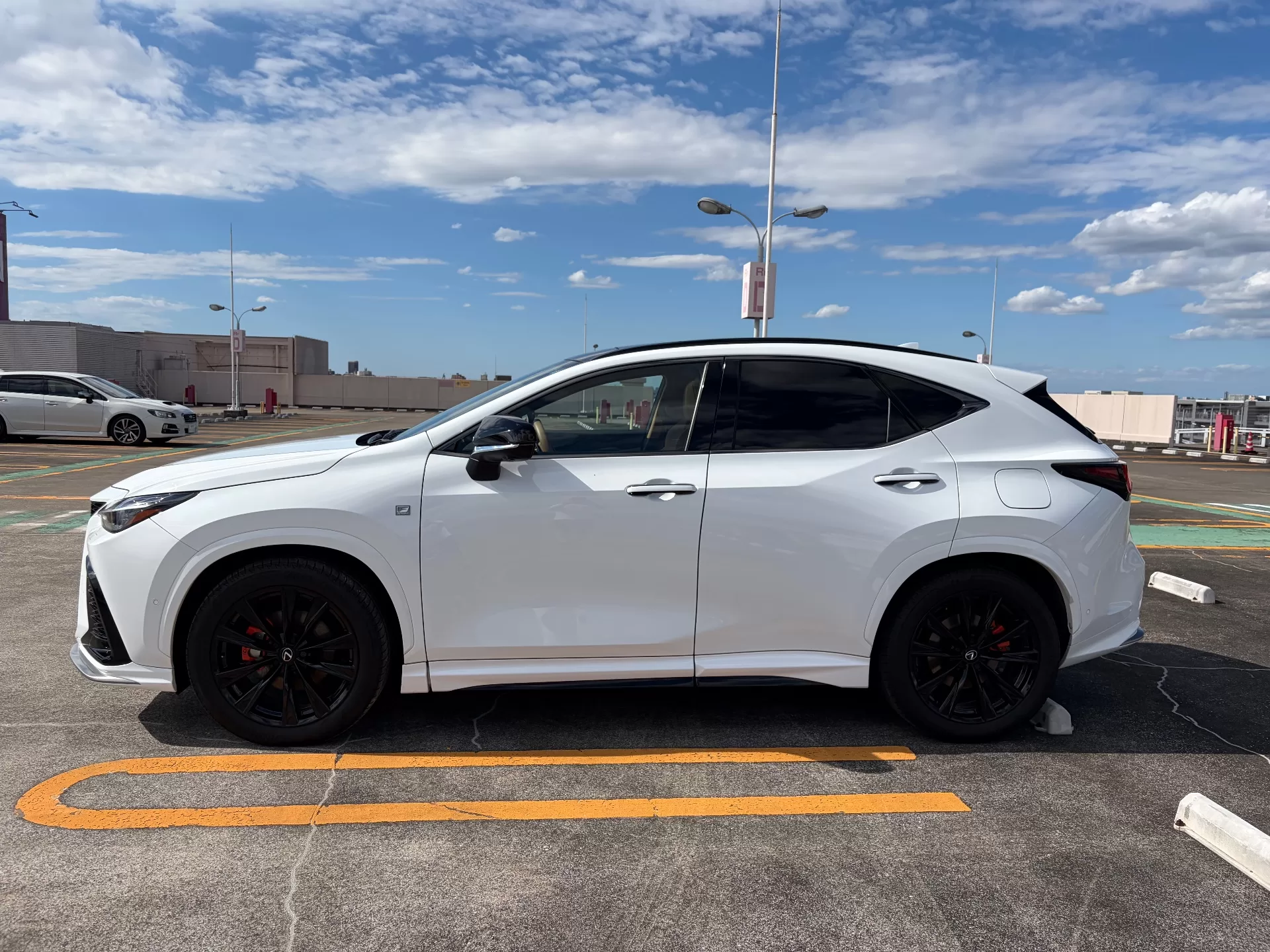 レクサス NX350h F SPORT 2024年式 ホワイトノーヴァガラスフレーク F SPORT PARTS エアロダイナミクスミラーカバー、F SPORT PARTS サイドスカート サイド(左)