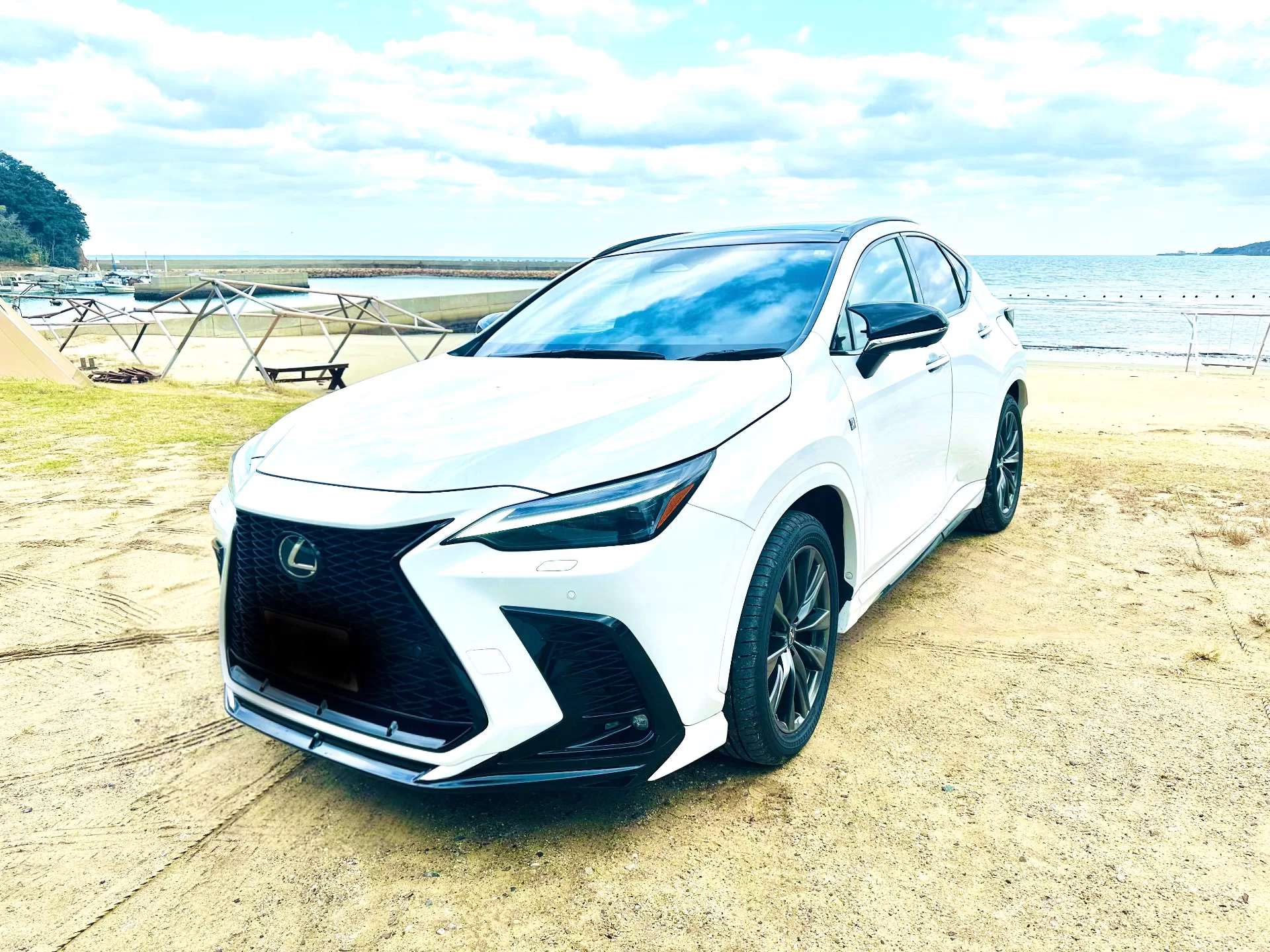 レクサス NX350 F SPORT 2023年式 ホワイトノーヴァガラスフレーク F SPORT PARTS エアロダイナミクスパッケージ(フロントスポイラー・エアロダイナミクスミラーカバー・サイドスカート・リヤディフューザー・スポーツマフラー) フロント左斜め