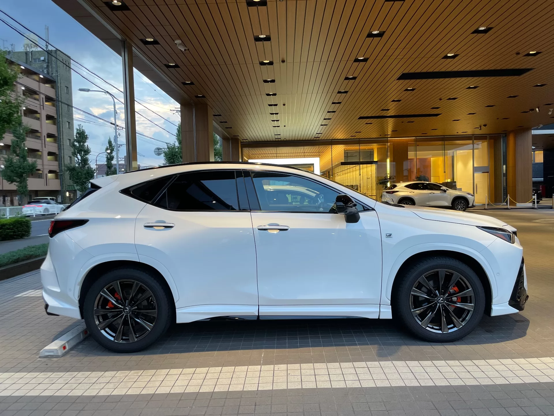 レクサス NX350h F SPORT 2023年式 ホワイトノーヴァガラスフレーク F SPORT PARTS エアロダイナミクスパッケージ(フロントスポイラー・エアロダイナミクスミラーカバー・サイドスカート・リヤディフューザー・スポーツマフラー) サイド(右)