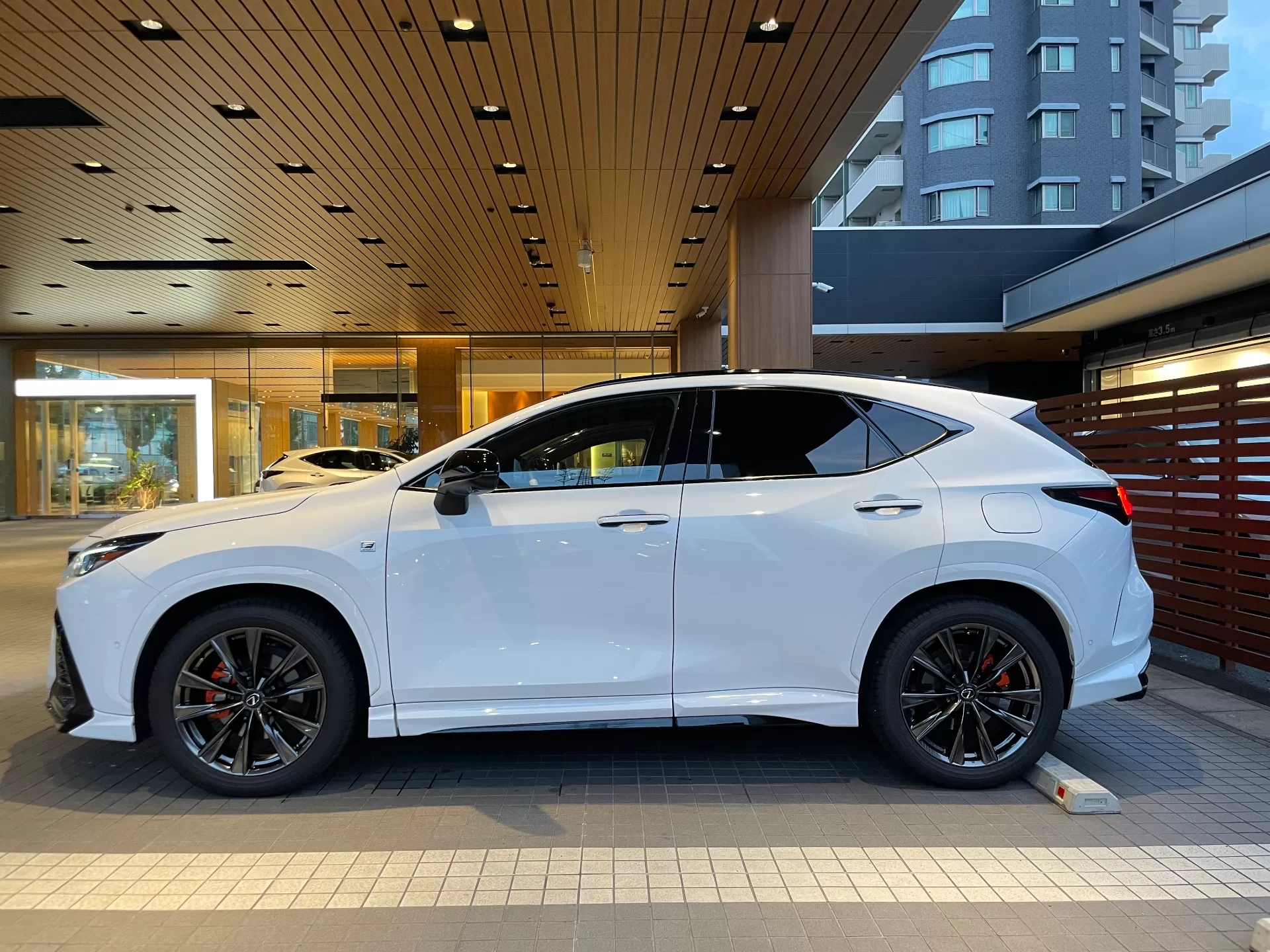 レクサス NX350h F SPORT 2023年式 ホワイトノーヴァガラスフレーク F SPORT PARTS エアロダイナミクスパッケージ(フロントスポイラー・エアロダイナミクスミラーカバー・サイドスカート・リヤディフューザー・スポーツマフラー) サイド(左)